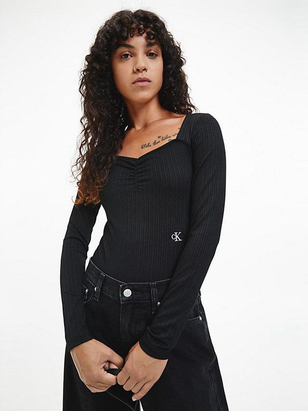 Calvin Klein USA Shiny Rib Long Sleeve Womens Bodysuit Black 3492708-BD